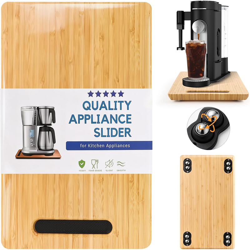 Bamboo coffee machine mobile tray, 360° rotating kitchen appliance, silent sliding base, cabinet storage rack