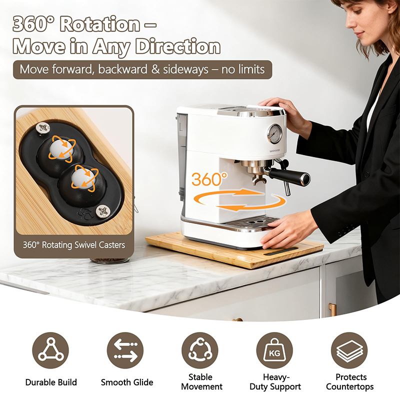 Bamboo coffee machine mobile tray, 360° rotating kitchen appliance, silent sliding base, cabinet storage rack