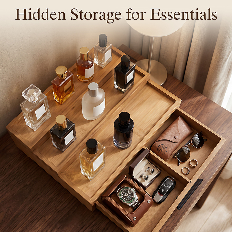 Bamboo perfume storage rack, three-layer adjustable, with drawer, perfume base, table top, luxury display rack