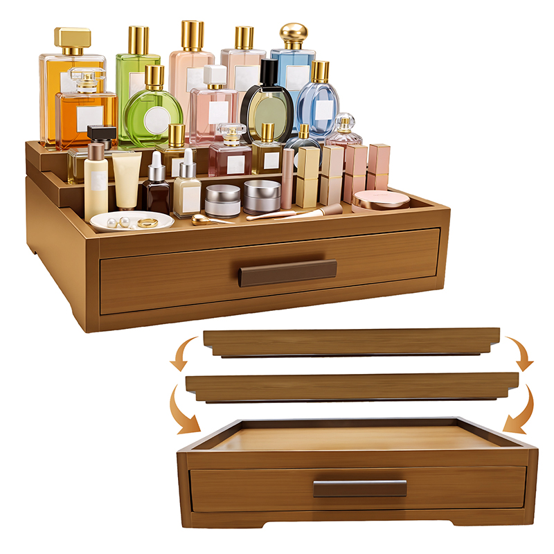Bamboo perfume storage rack, three-layer adjustable, with drawer, perfume base, table top, luxury display rack