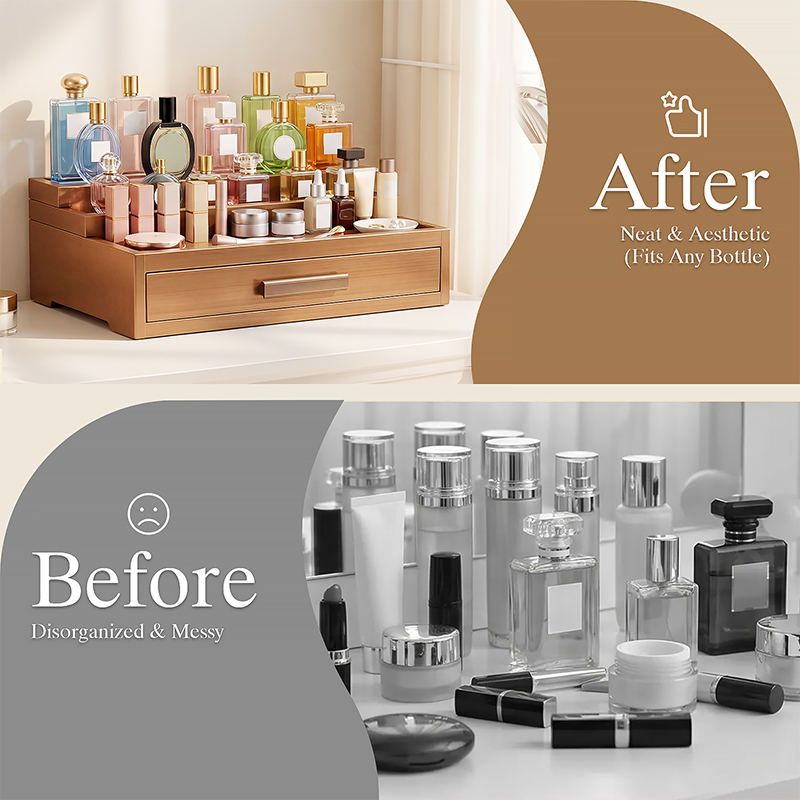 Bamboo perfume storage rack, three-layer adjustable, with drawer, perfume base, table top, luxury display rack