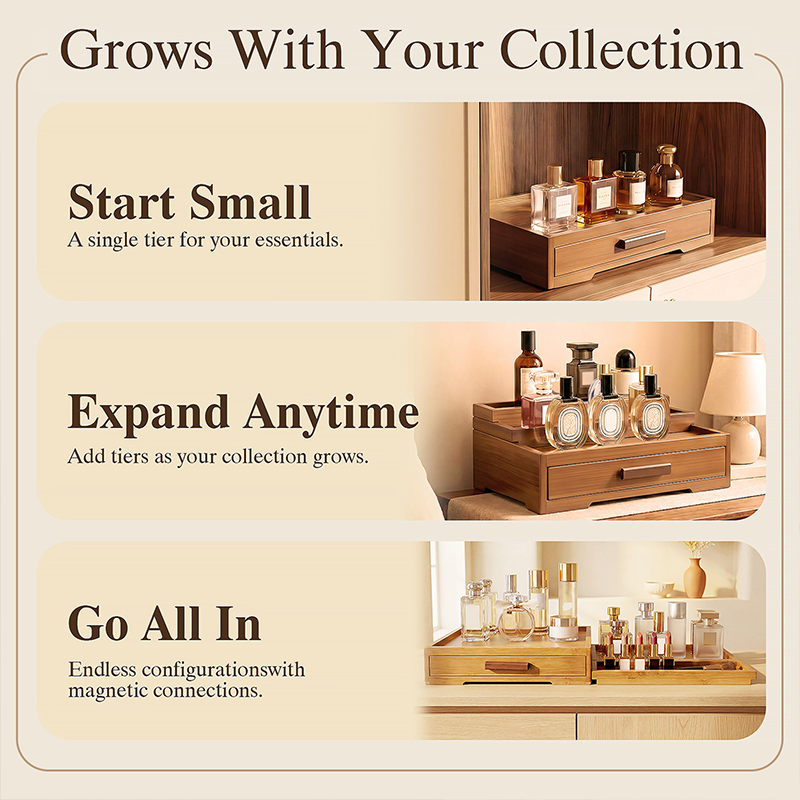 Bamboo perfume storage rack, three-layer adjustable, with drawer, perfume base, table top, luxury display rack