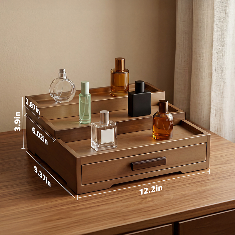 Bamboo perfume storage rack, three-layer adjustable, with drawer, perfume base, table top, luxury display rack