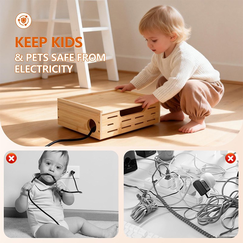 Bamboo lined plug-in storage box, large capacity desktop/under table wire management box, hidden socket collection box