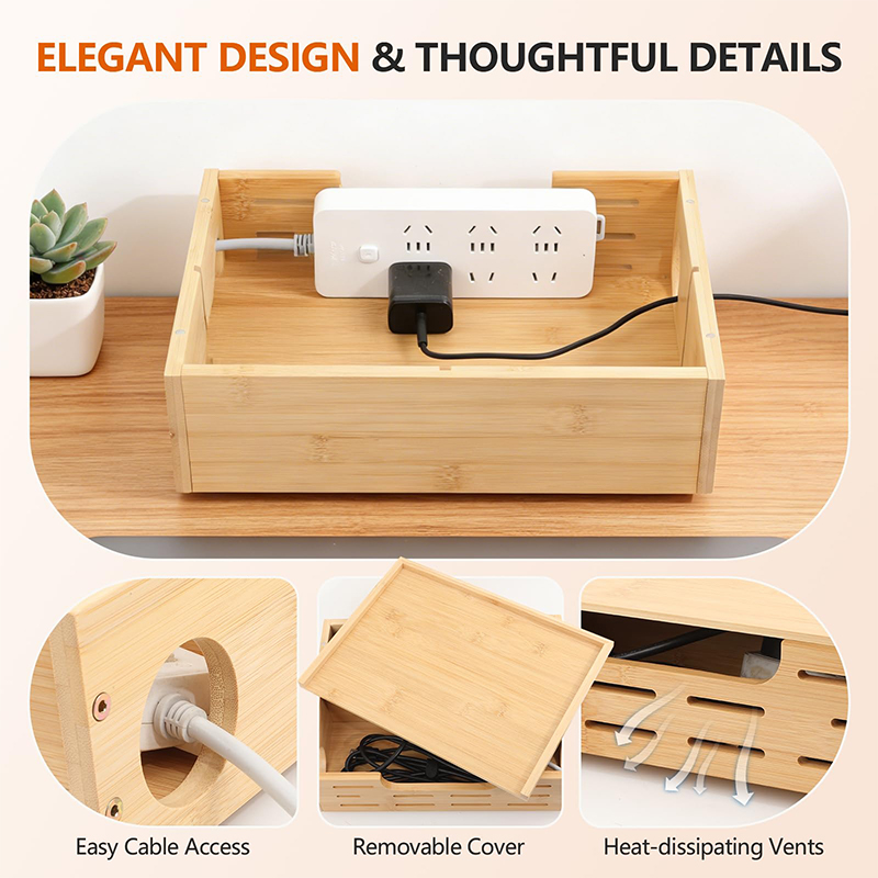 Bamboo lined plug-in storage box, large capacity desktop/under table wire management box, hidden socket collection box