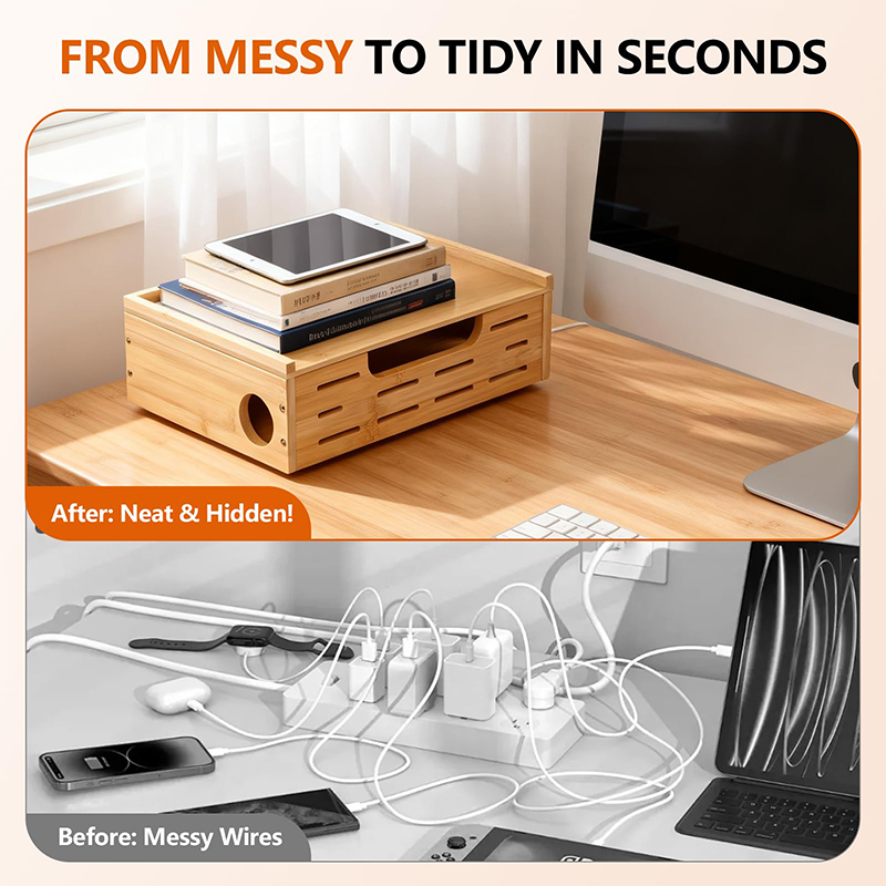 Bamboo lined plug-in storage box, large capacity desktop/under table wire management box, hidden socket collection box