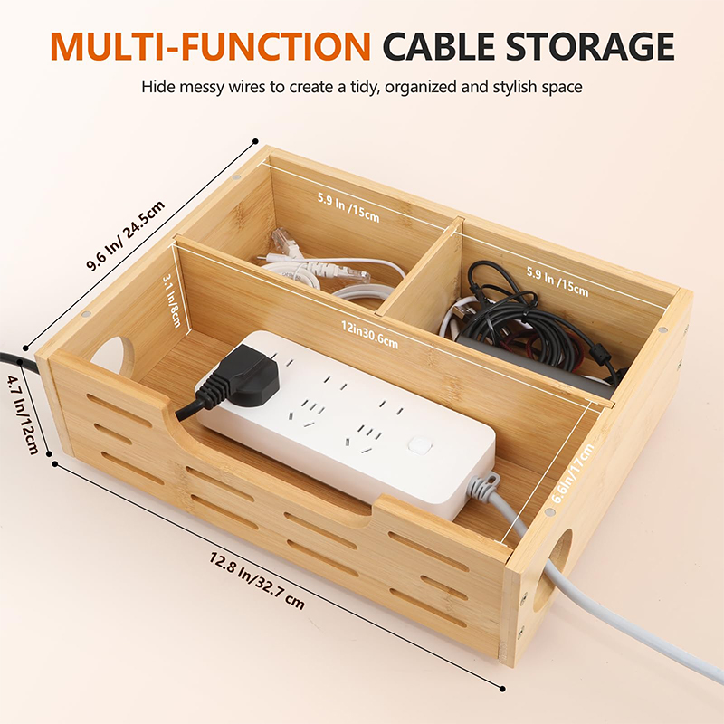 Bamboo lined plug-in storage box, large capacity desktop/under table wire management box, hidden socket collection box